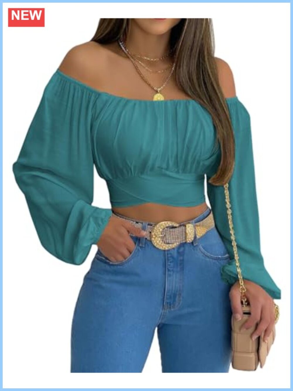 Women Off Shoulder Ruched Tie Back Crop Top Lantern Sleeve Boho Blouse
